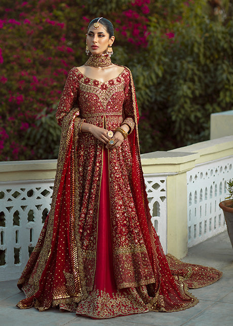 Pakistani Red & Gold Embroidered French Net Bridal Gown (3-Piece) - Image 1
