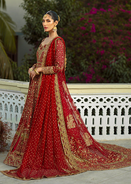 Pakistani Red & Gold Embroidered French Net Bridal Gown (3-Piece) - Image 14