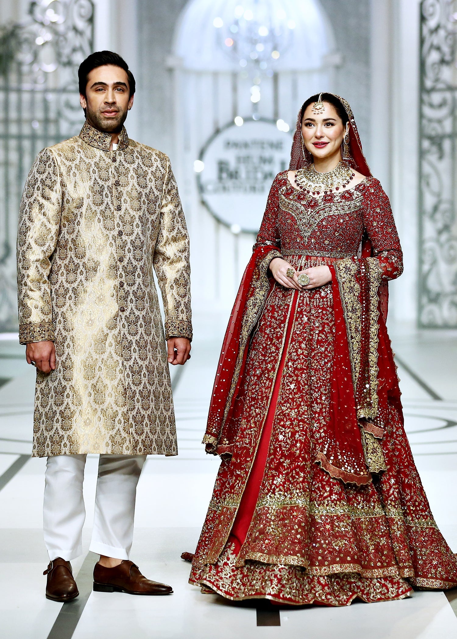 Pakistani Red & Gold Embroidered French Net Bridal Gown (3-Piece) - Image 8
