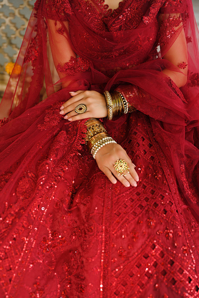 Pakistani Deep Red Hand Embroidered Raw Silk & Organza Lehenga (3-Piece) - Image 2