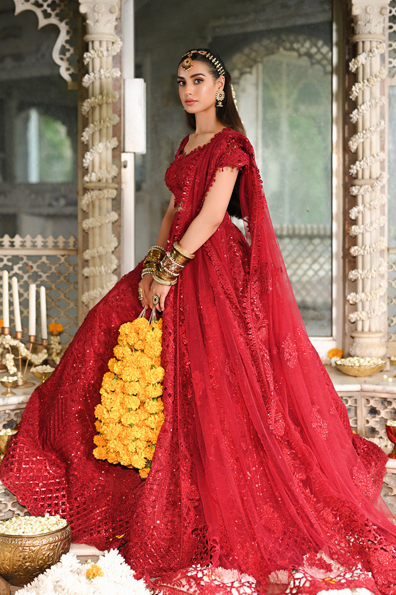 Pakistani Deep Red Hand Embroidered Raw Silk & Organza Lehenga (3-Piece) - Image 4