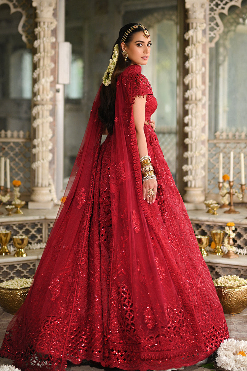 Pakistani Deep Red Hand Embroidered Raw Silk & Organza Lehenga (3-Piece) - Image 5