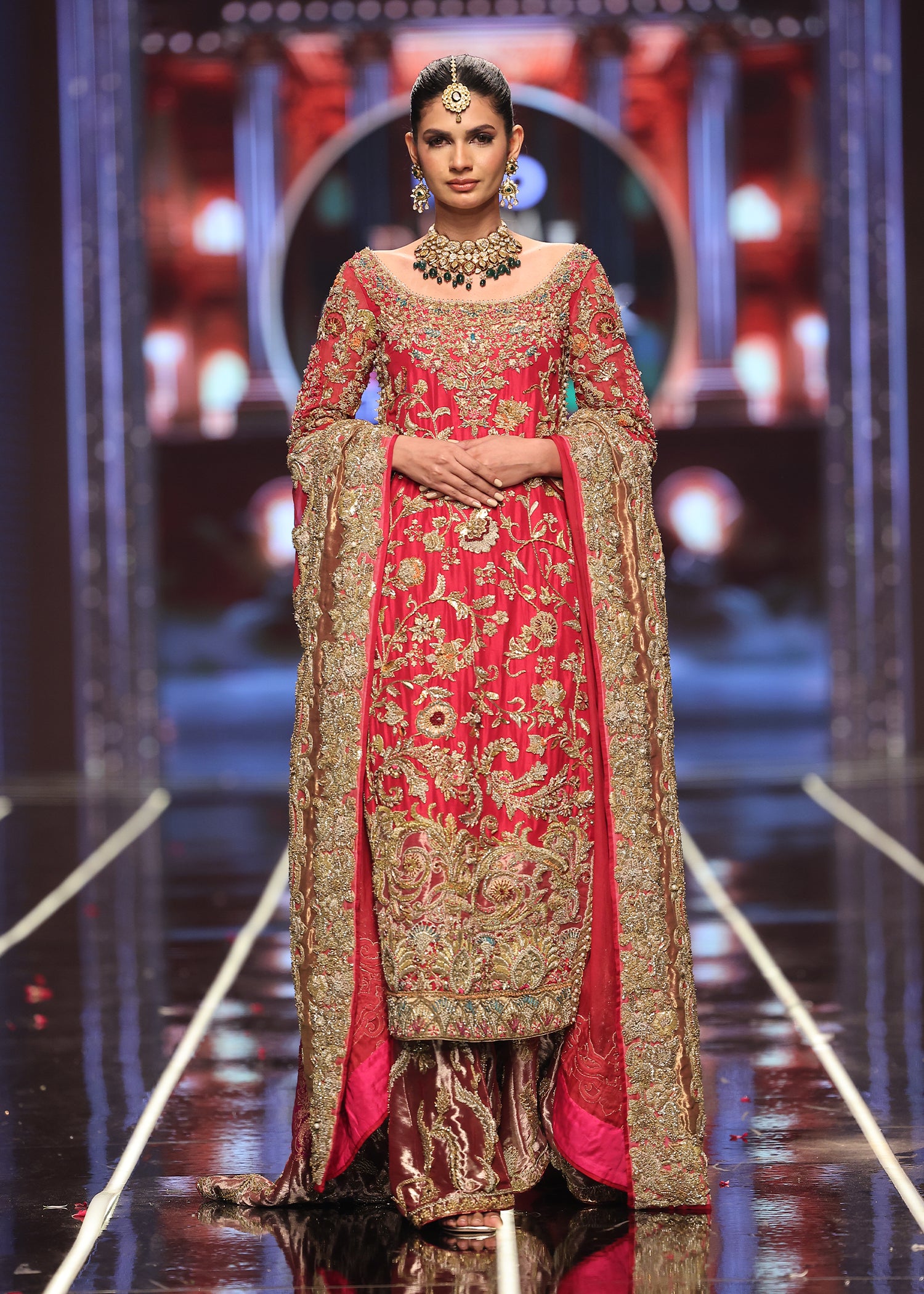 Pakistani Red Hand Embroidered Raw Silk Bridal Farshi (3-Piece) - Image 1