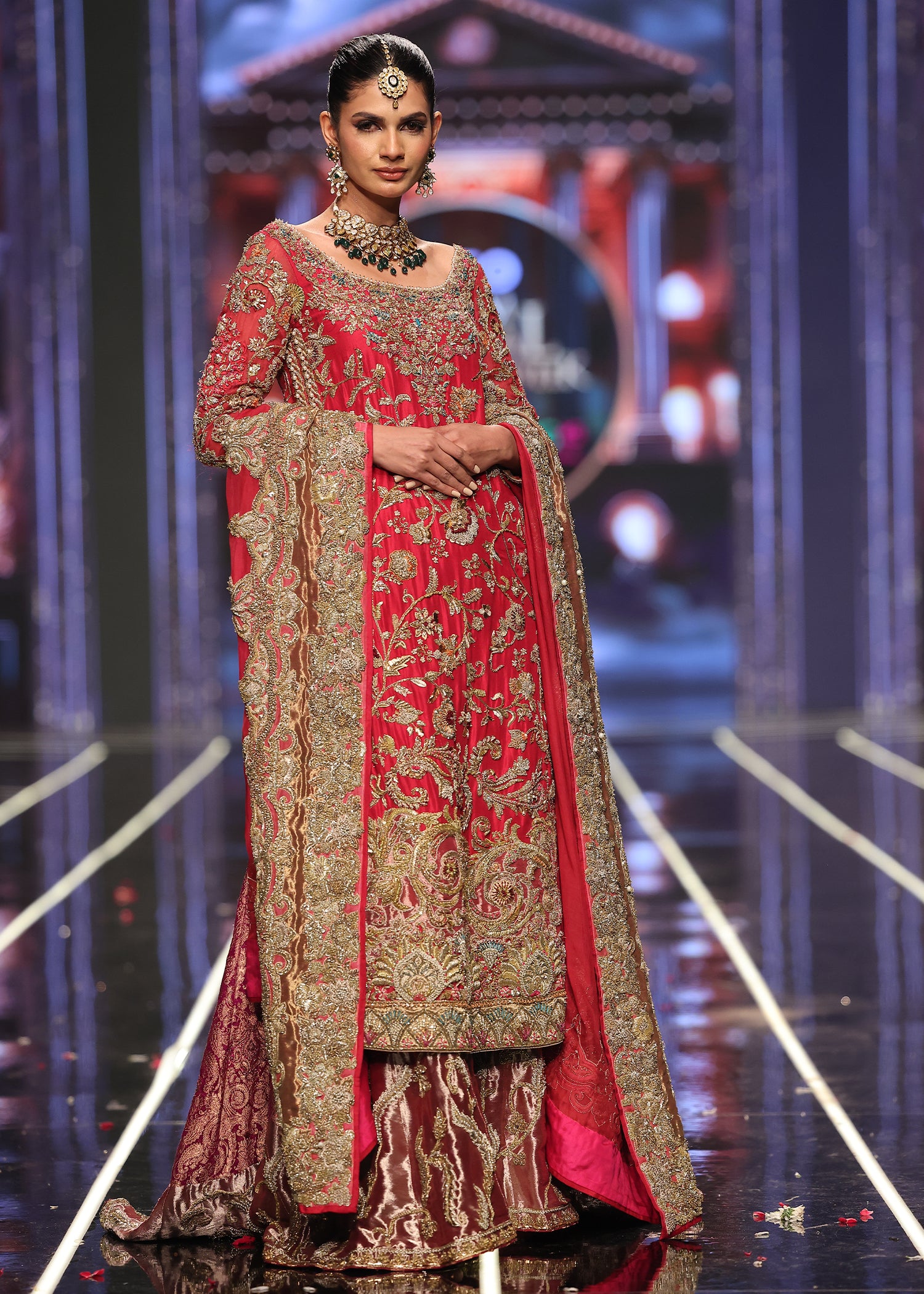 Pakistani Red Hand Embroidered Raw Silk Bridal Farshi (3-Piece) - Image 2