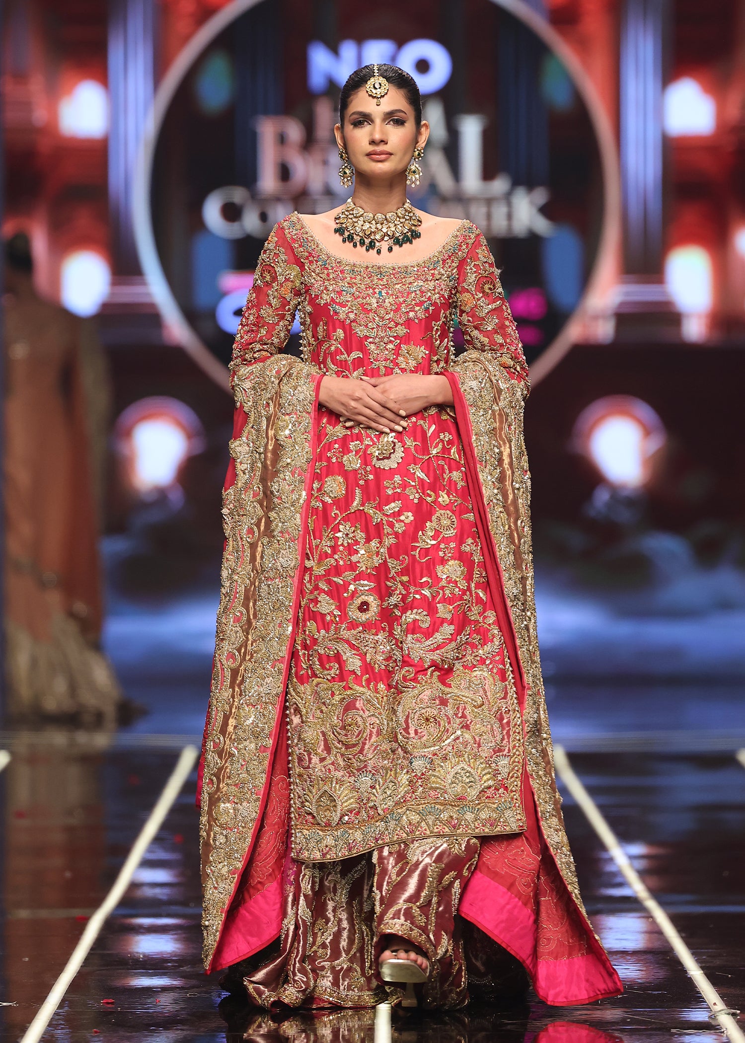 Pakistani Red Hand Embroidered Raw Silk Bridal Farshi (3-Piece) - Image 3