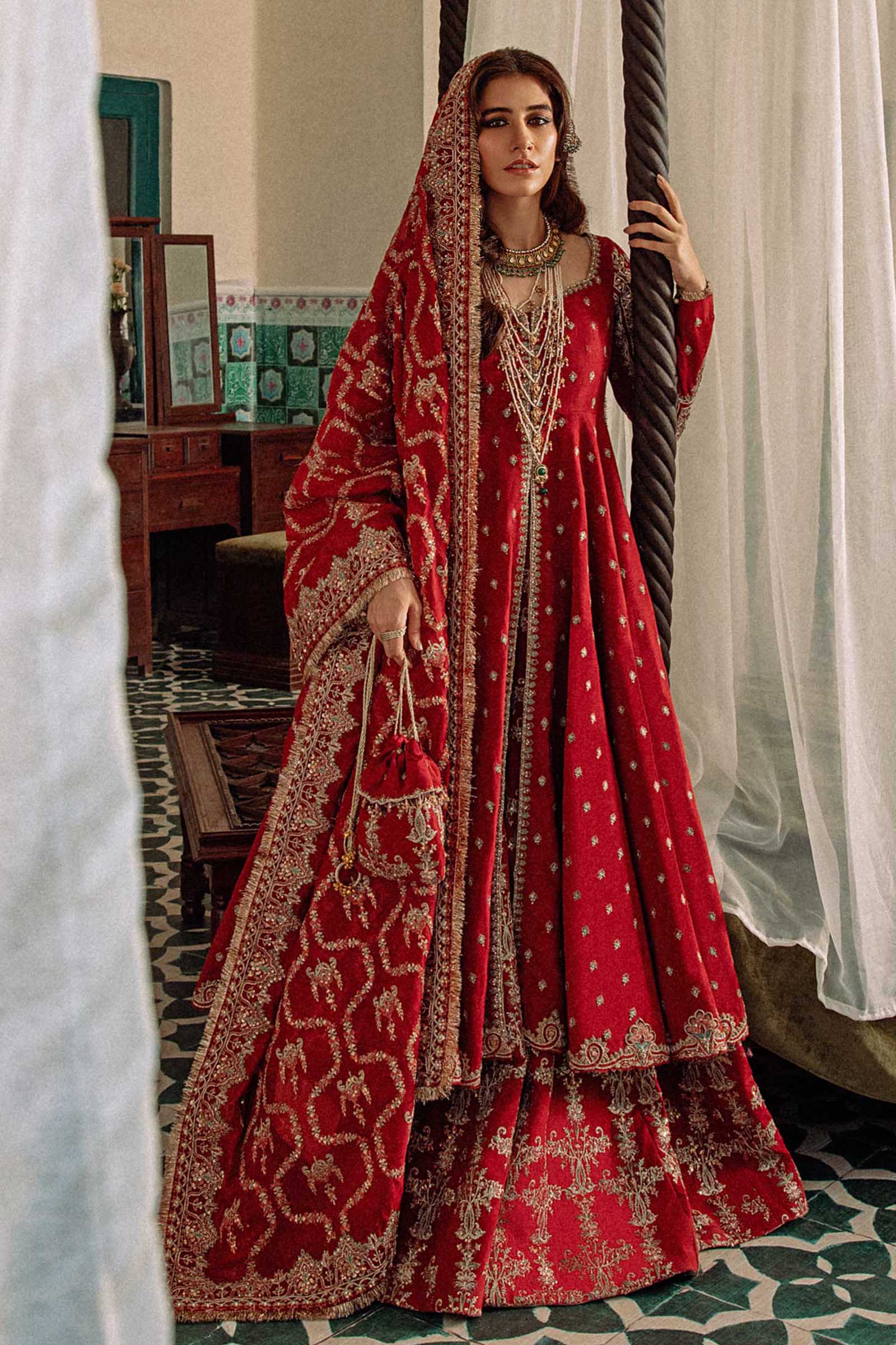 Pakistani Deep Red Hazaar Booti Raw Silk Peshwaz Lehenga (3-Piece) - Image 2