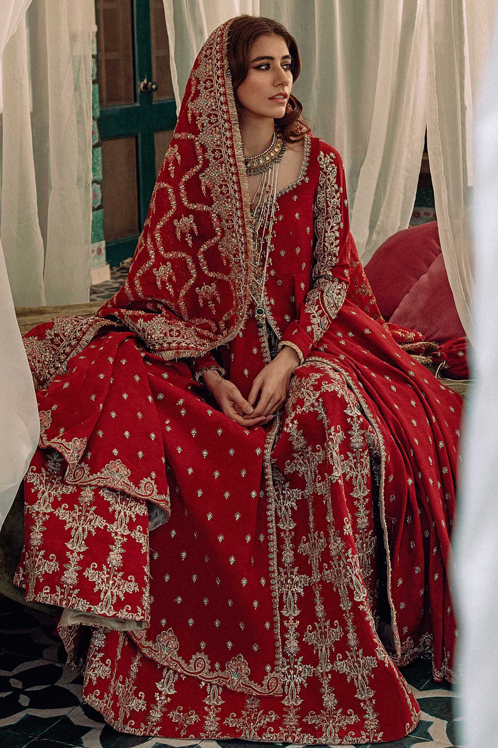 Pakistani Deep Red Hazaar Booti Raw Silk Peshwaz Lehenga (3-Piece) - Image 3