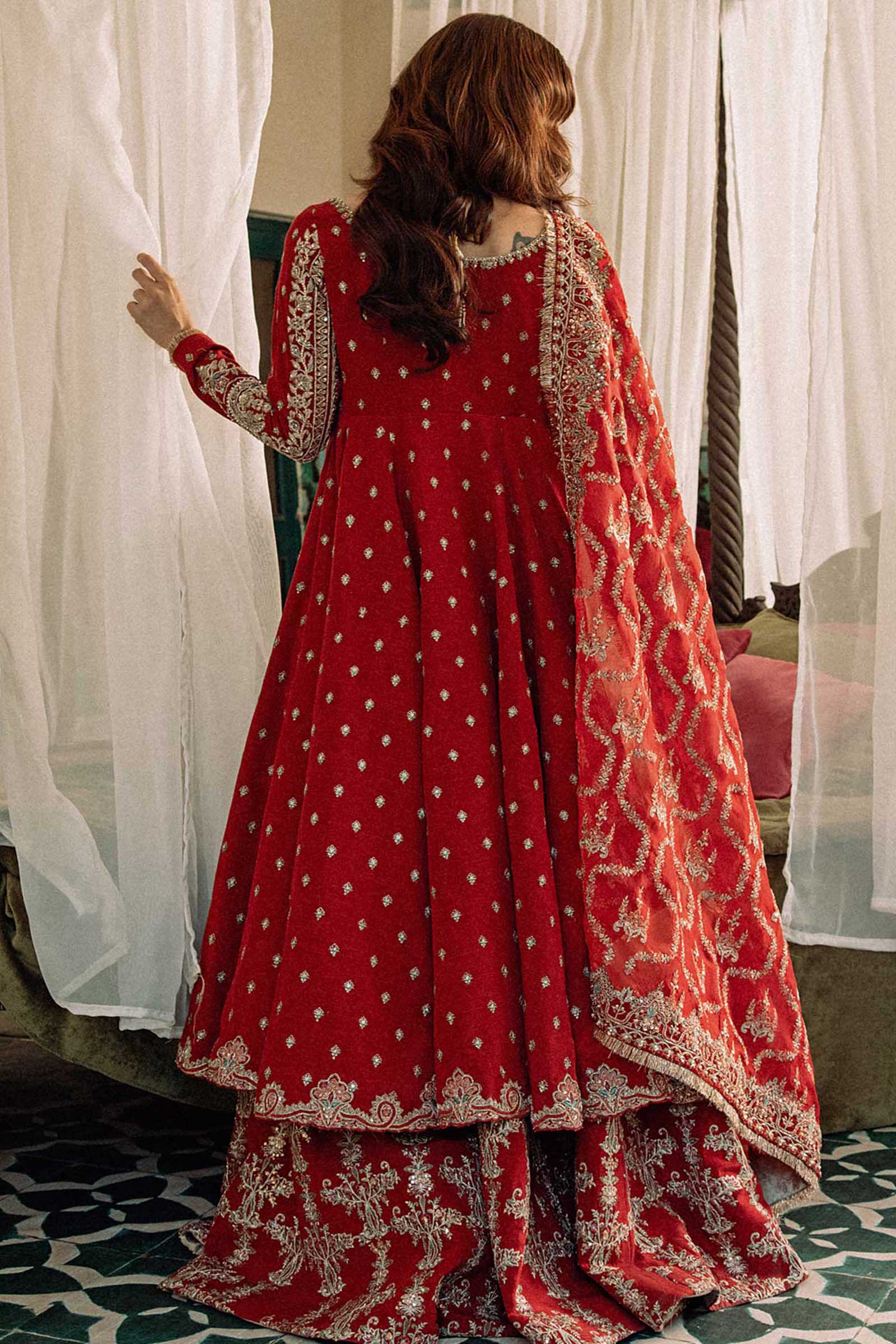 Pakistani Deep Red Hazaar Booti Raw Silk Peshwaz Lehenga (3-Piece) - Image 5