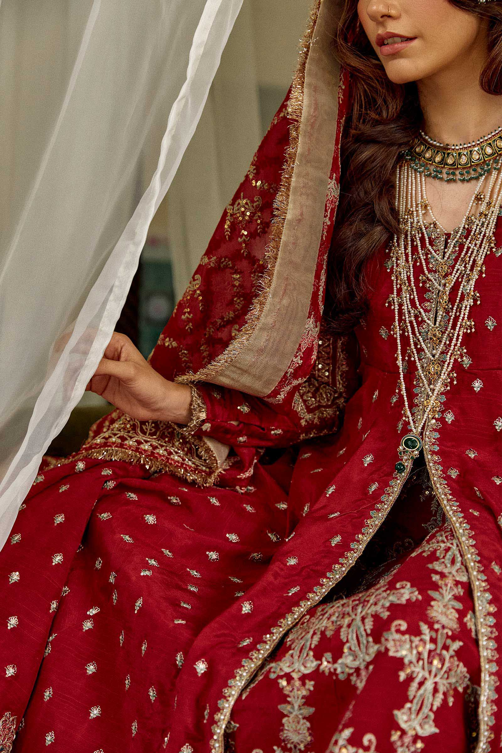 Pakistani Deep Red Hazaar Booti Raw Silk Peshwaz Lehenga (3-Piece) - Image 6