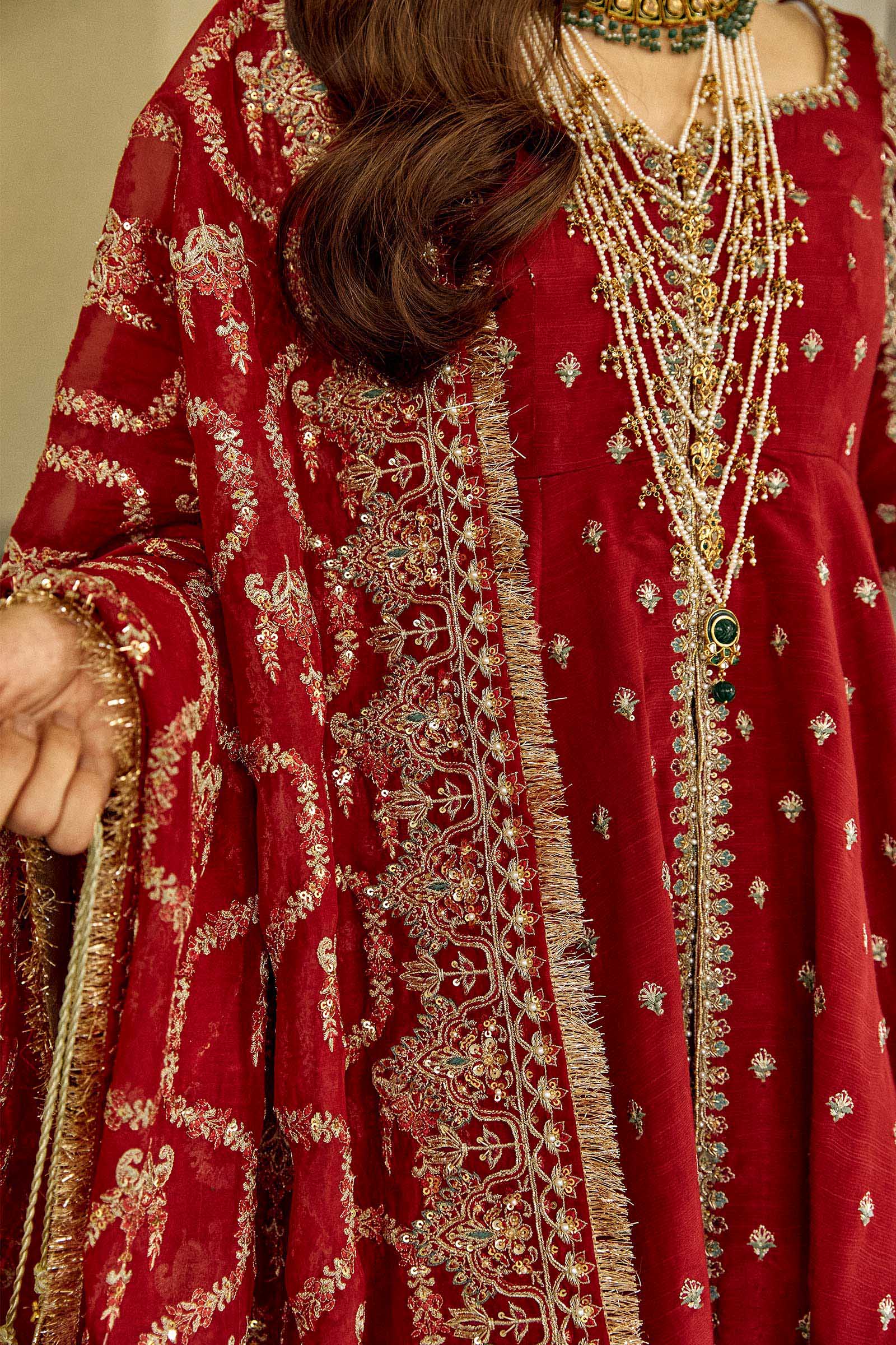 Pakistani Deep Red Hazaar Booti Raw Silk Peshwaz Lehenga (3-Piece) - Image 8