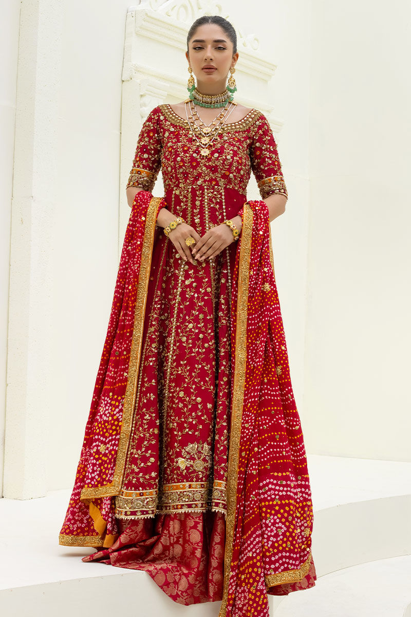 Red Embroidered Raw Silk Kalidar Lehenga (3-Piece) - Image 1
