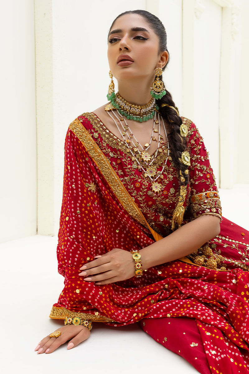 Red Embroidered Raw Silk Kalidar Lehenga (3-Piece) - Image 2