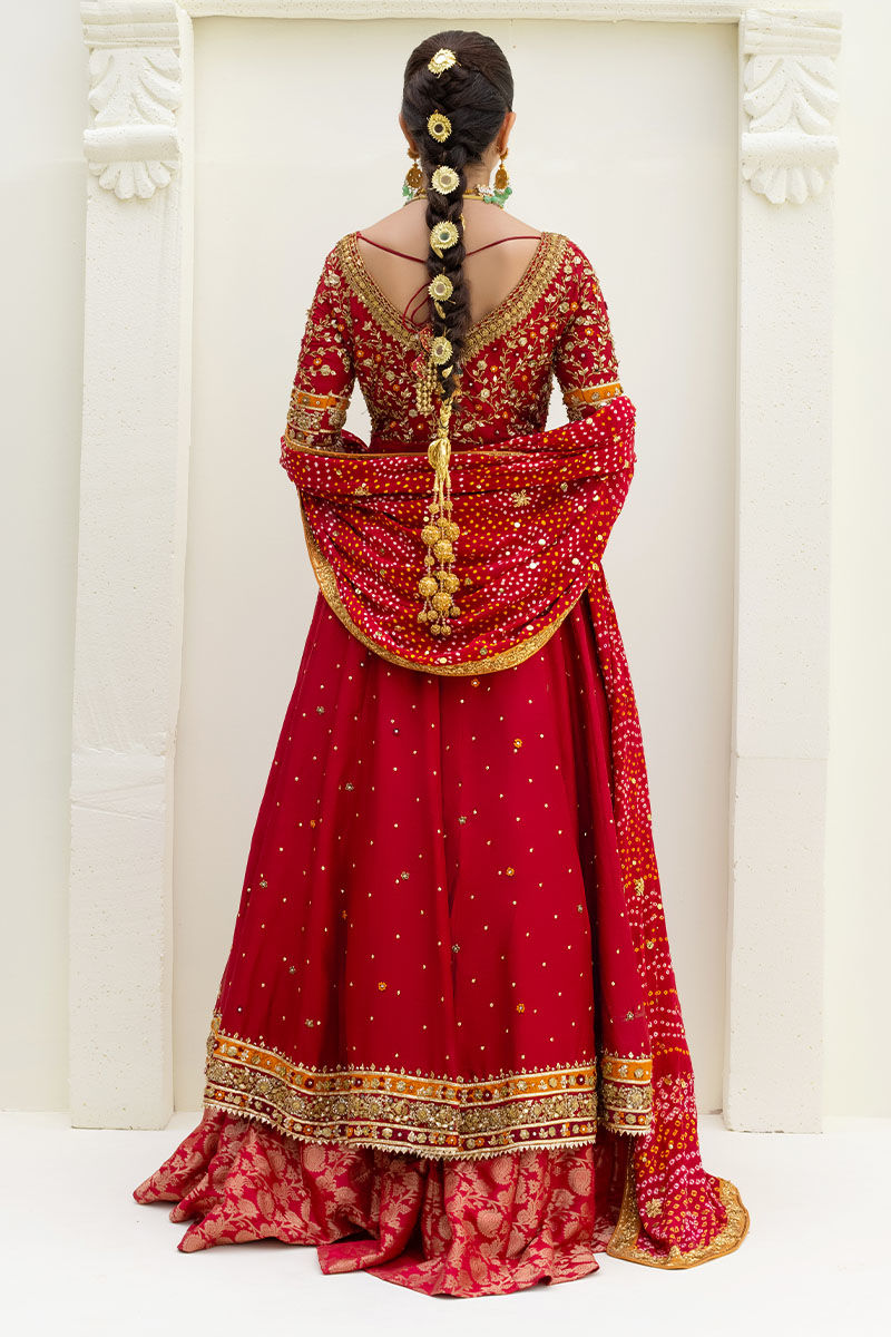 Red Embroidered Raw Silk Kalidar Lehenga (3-Piece) - Image 3