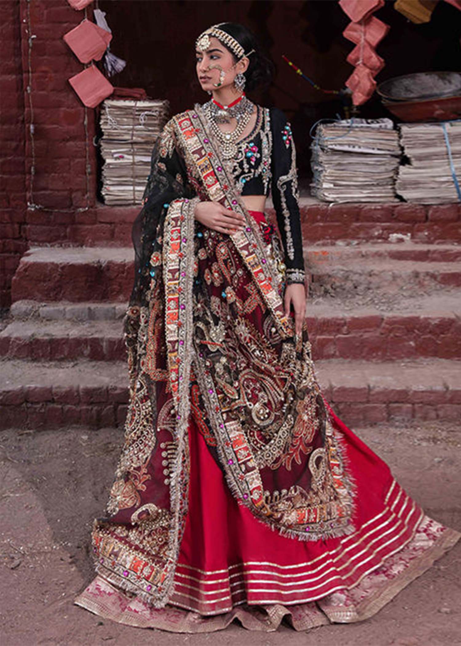 Red & Black Embroidered Raw Silk Jamawar Lehenga (3-Piece) - Image 1