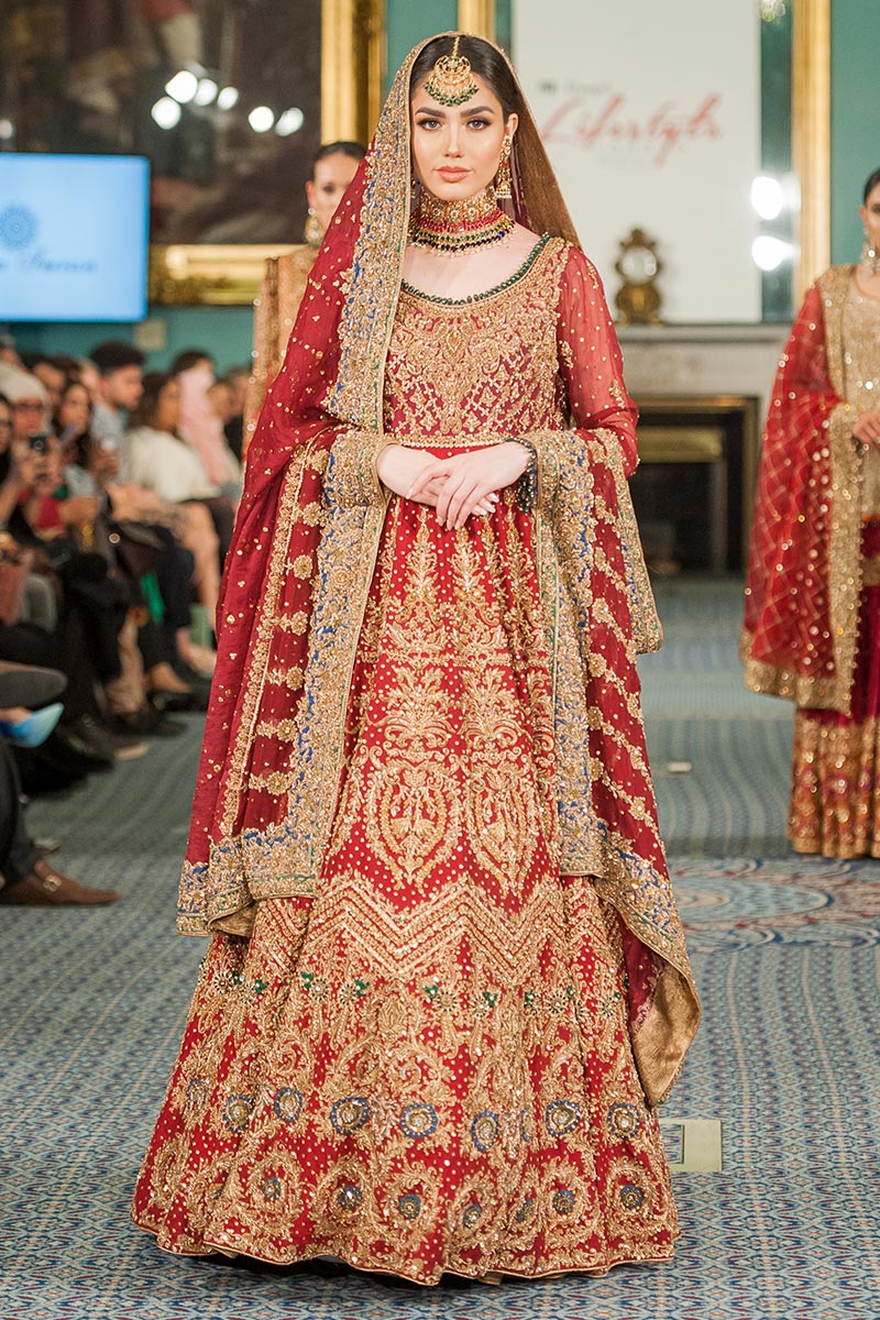 Pakistani Red Embroidered Raw Silk Bridal Lehenga (3-Piece) - Image 1
