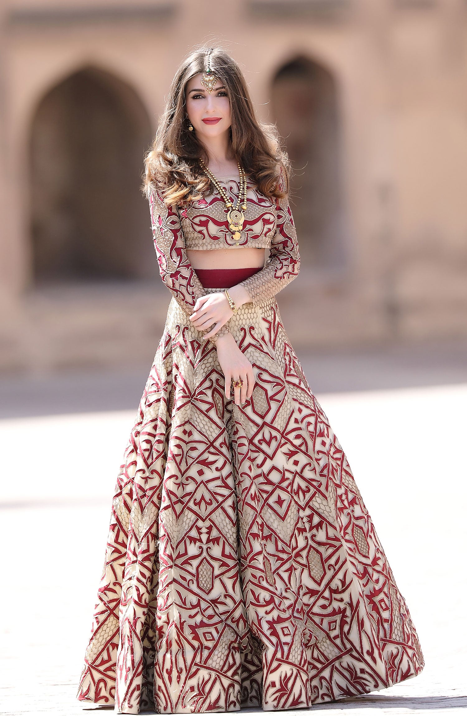 Crimson Appliqué Net & Raw Silk Lehnga Choli (3-Piece) - Image 4