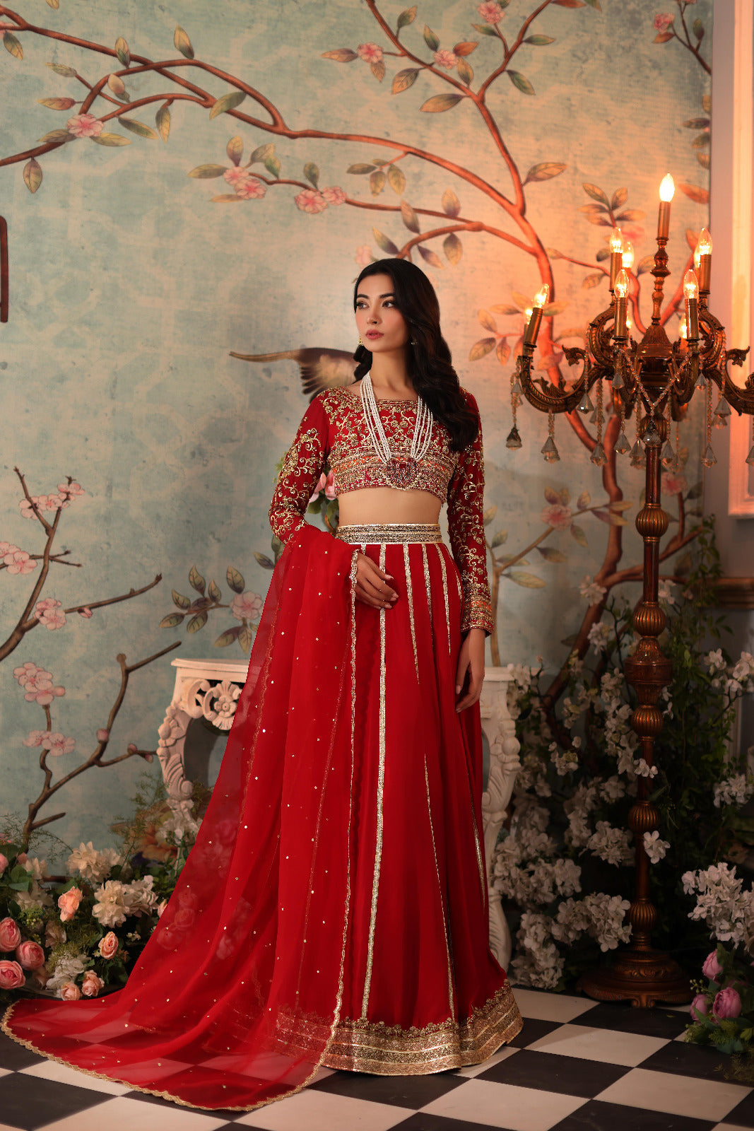 Red Hand-Embroidered Raw Silk Lehenga (3-Piece) - Image 1