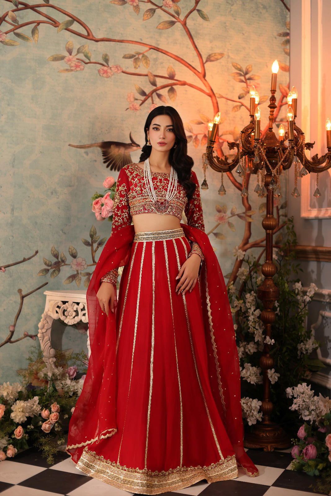 Red Hand-Embroidered Raw Silk Lehenga (3-Piece) - Image 2