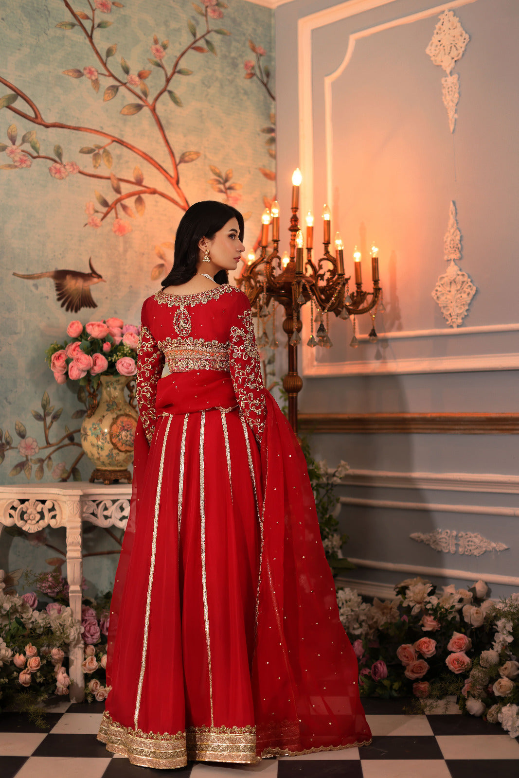 Red Hand-Embroidered Raw Silk Lehenga (3-Piece) - Image 3