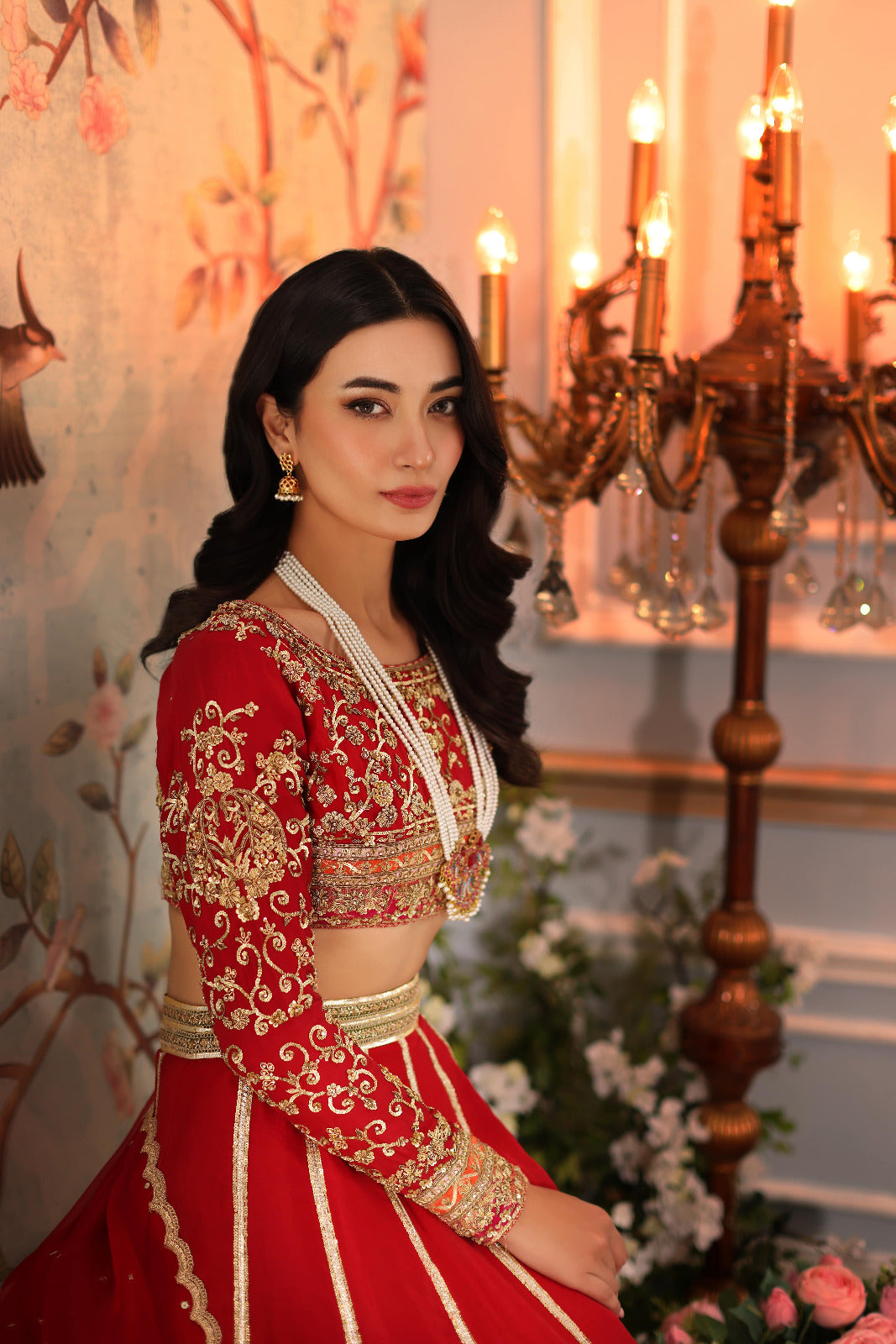 Red Hand-Embroidered Raw Silk Lehenga (3-Piece) - Image 4