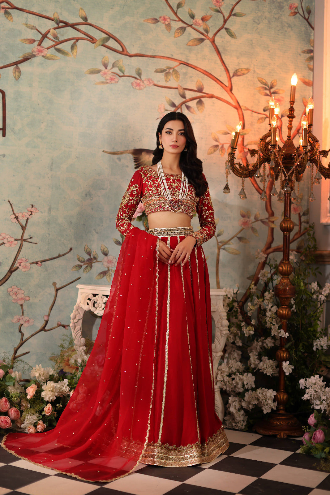 Red Hand-Embroidered Raw Silk Lehenga (3-Piece) - Image 5