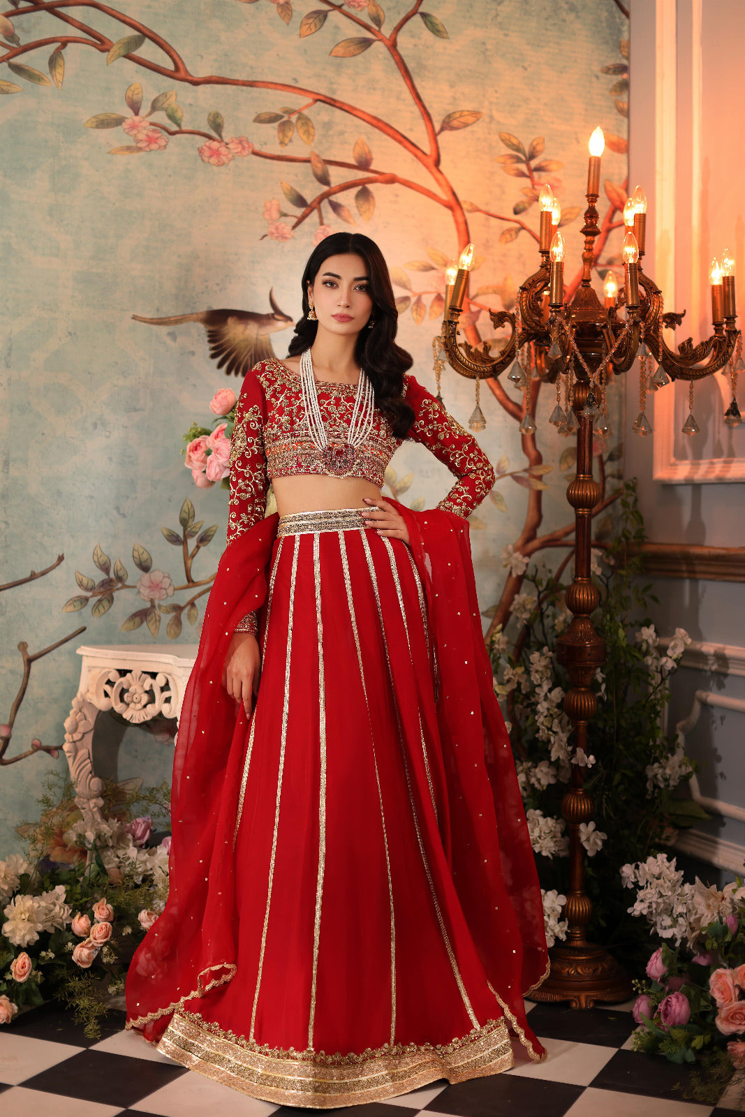 Red Hand-Embroidered Raw Silk Lehenga (3-Piece) - Image 6