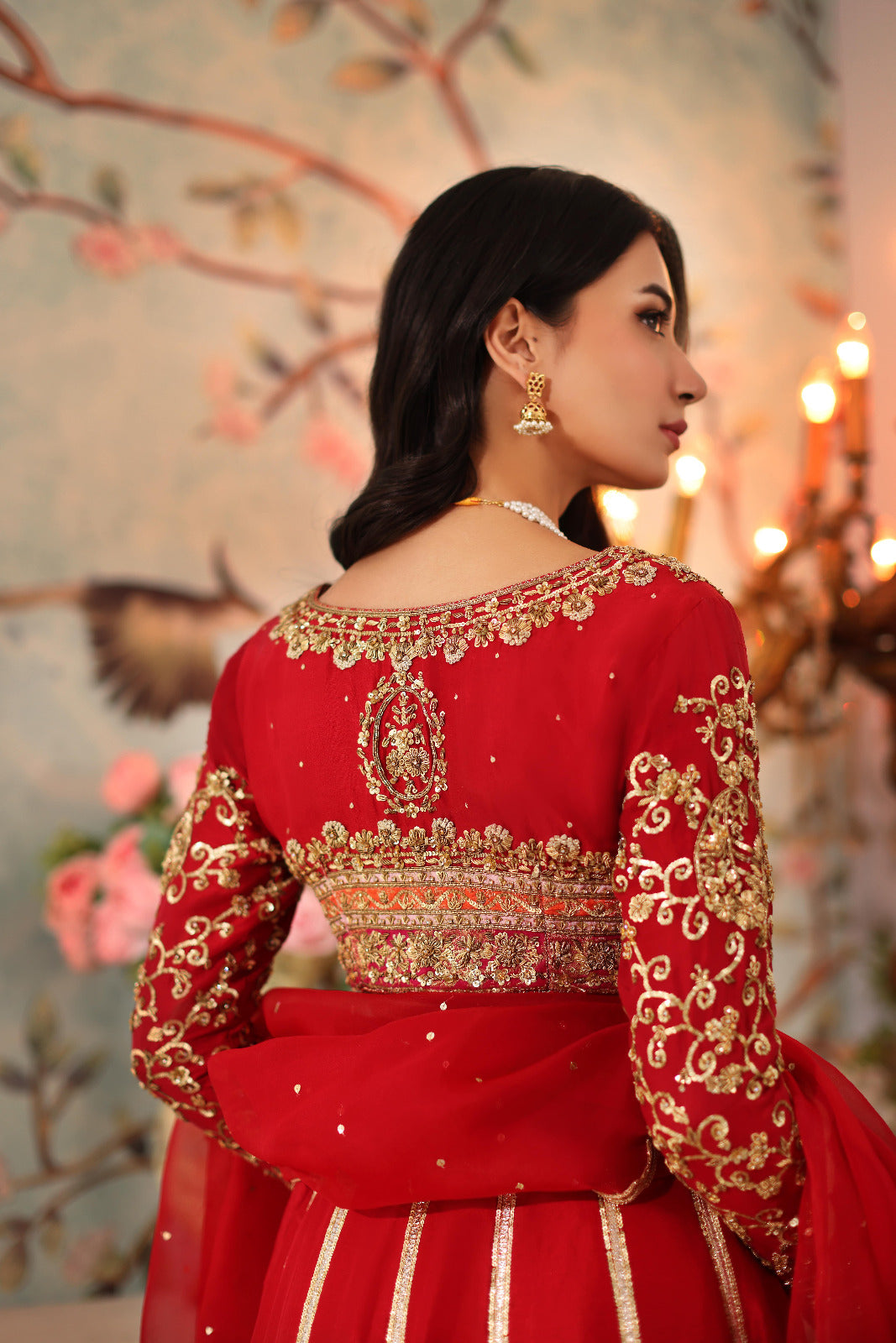 Red Hand-Embroidered Raw Silk Lehenga (3-Piece) - Image 7
