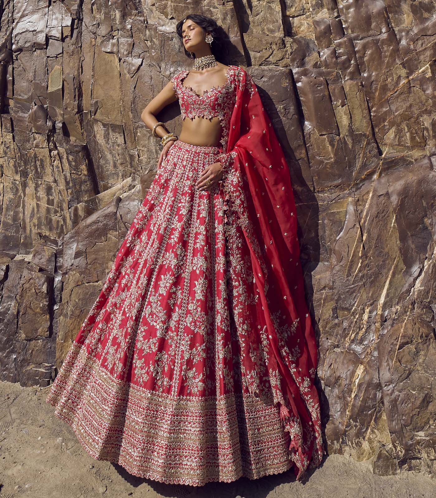 Red Metallic Embroidered Raw Silk Bridal Lehenga (3-Piece) - Image 1