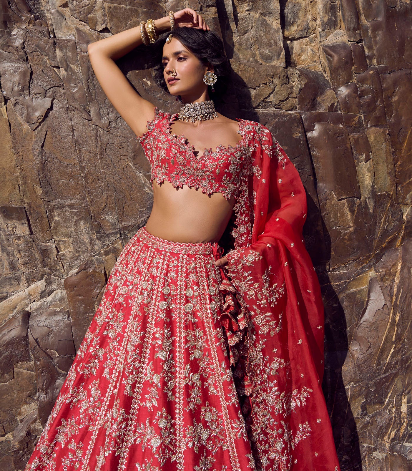 Red Metallic Embroidered Raw Silk Bridal Lehenga (3-Piece) - Image 2