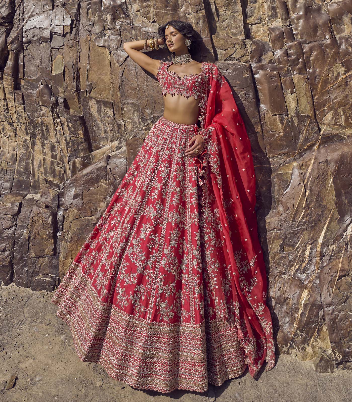 Red Metallic Embroidered Raw Silk Bridal Lehenga (3-Piece) - Image 3