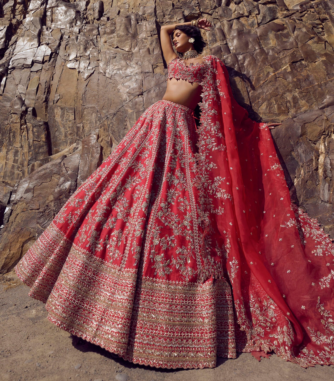 Red Metallic Embroidered Raw Silk Bridal Lehenga (3-Piece) - Image 4