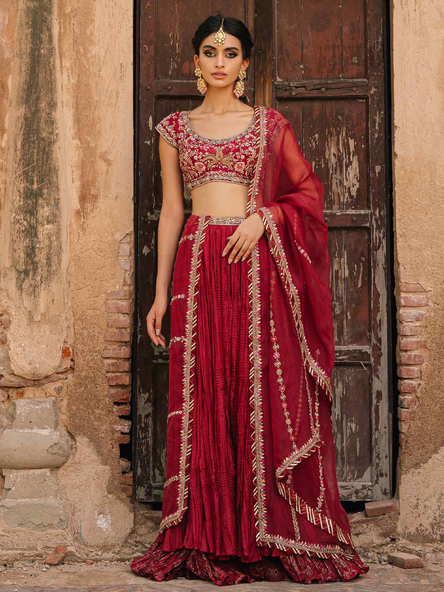 Cranberry Red Embroidered Silk & Organza Lehenga (3-Piece) - Image 1