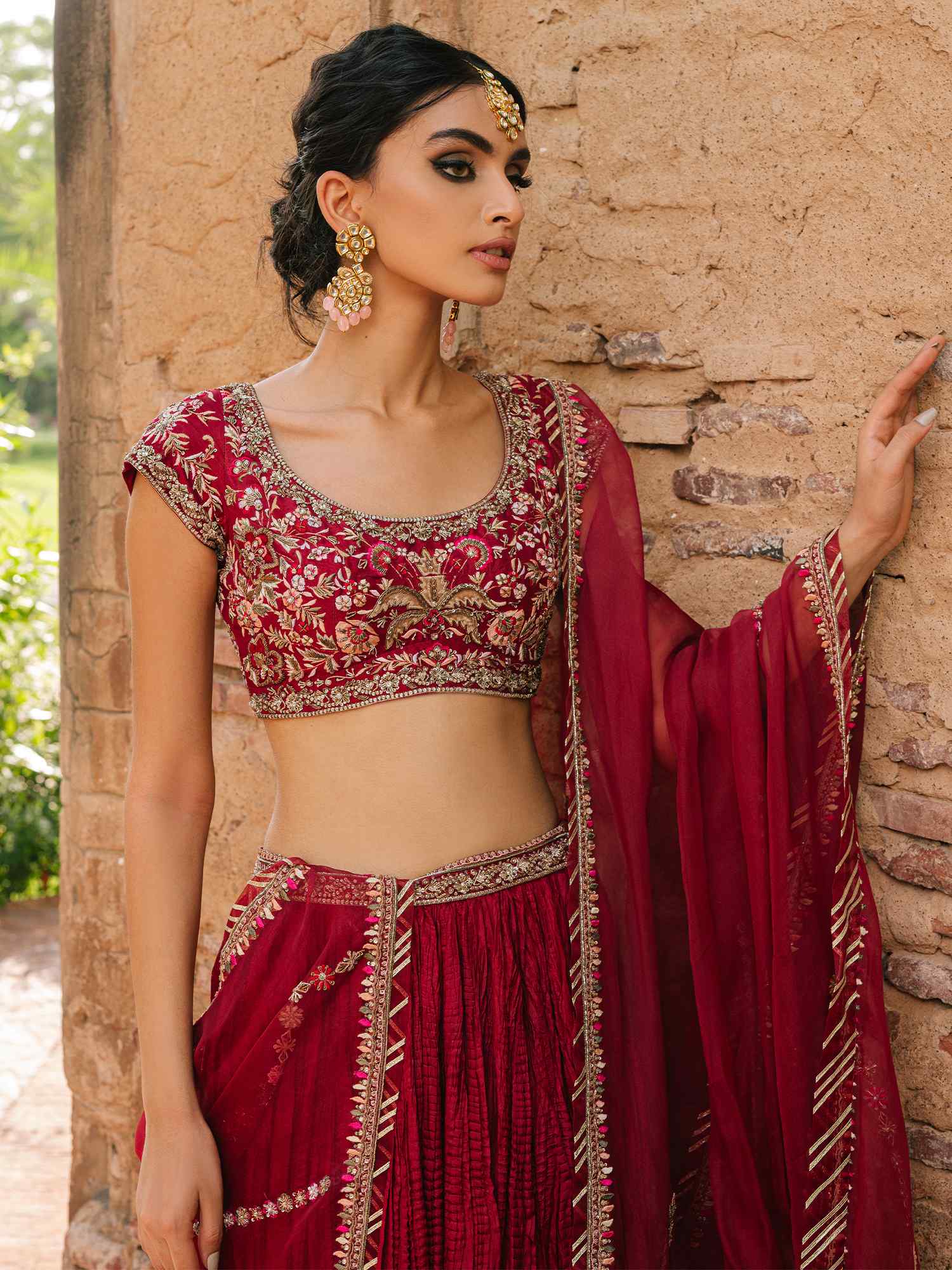 Cranberry Red Embroidered Silk & Organza Lehenga (3-Piece) - Image 2