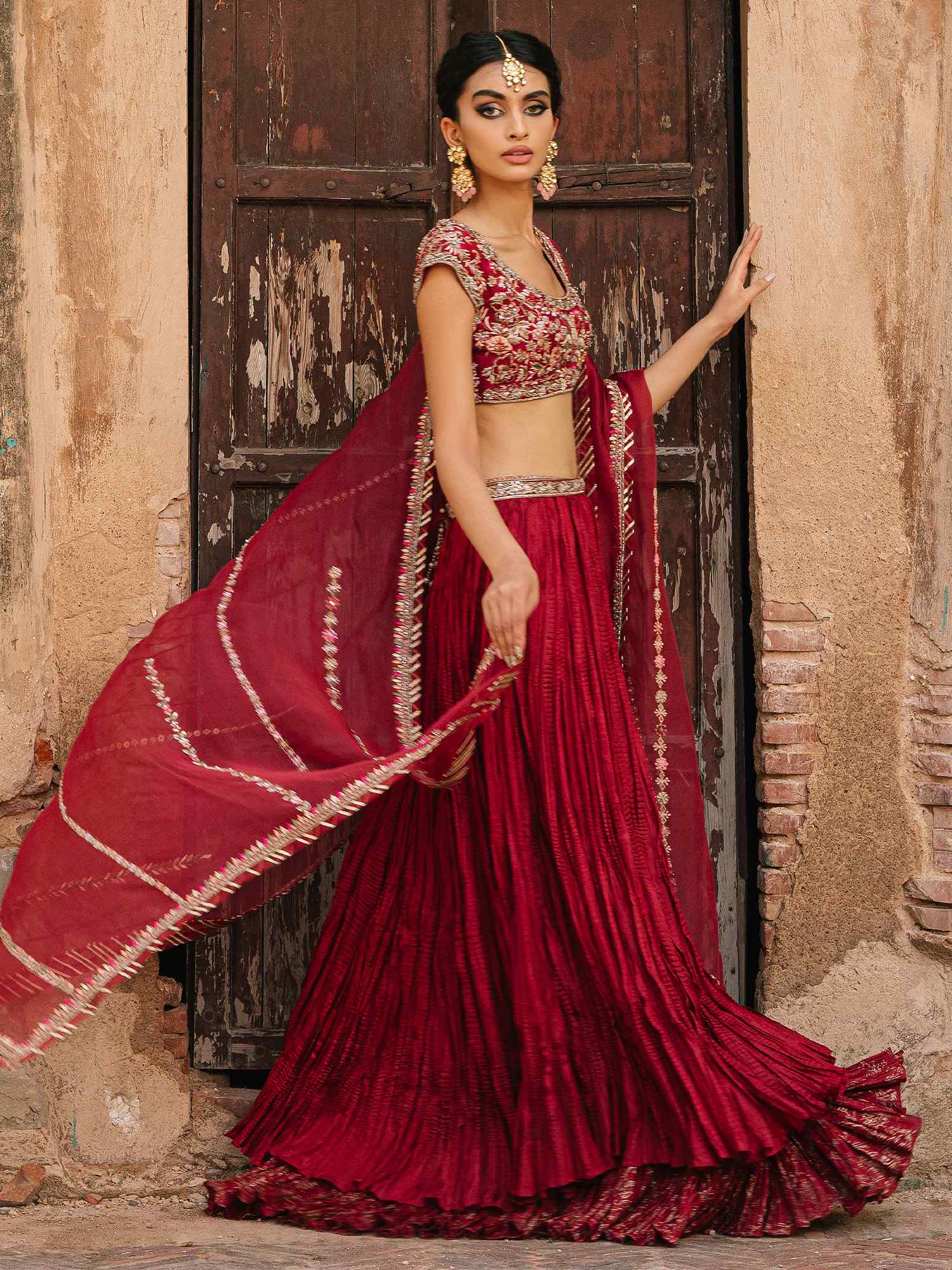 Cranberry Red Embroidered Silk & Organza Lehenga (3-Piece) - Image 3
