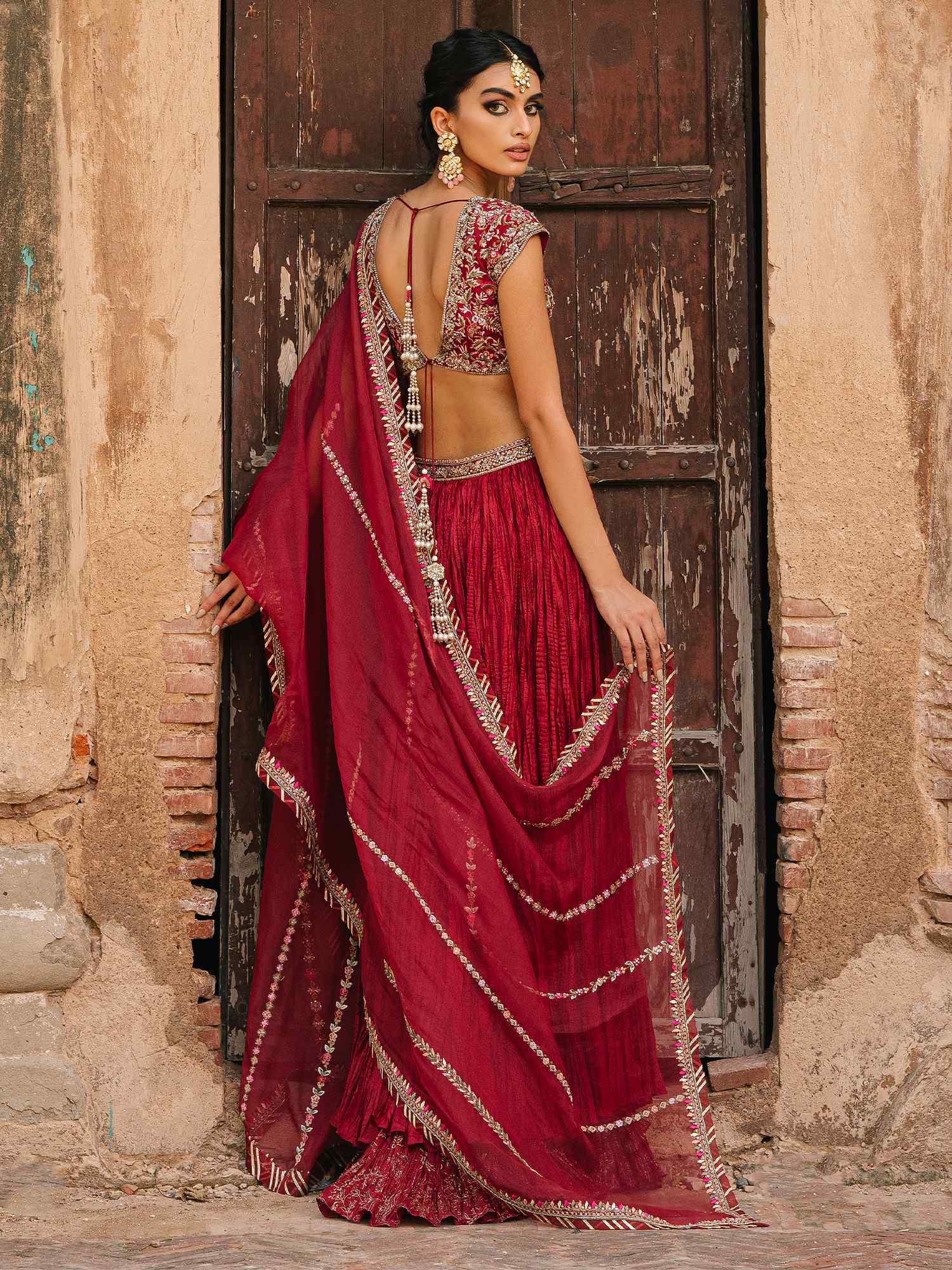 Cranberry Red Embroidered Silk & Organza Lehenga (3-Piece) - Image 4