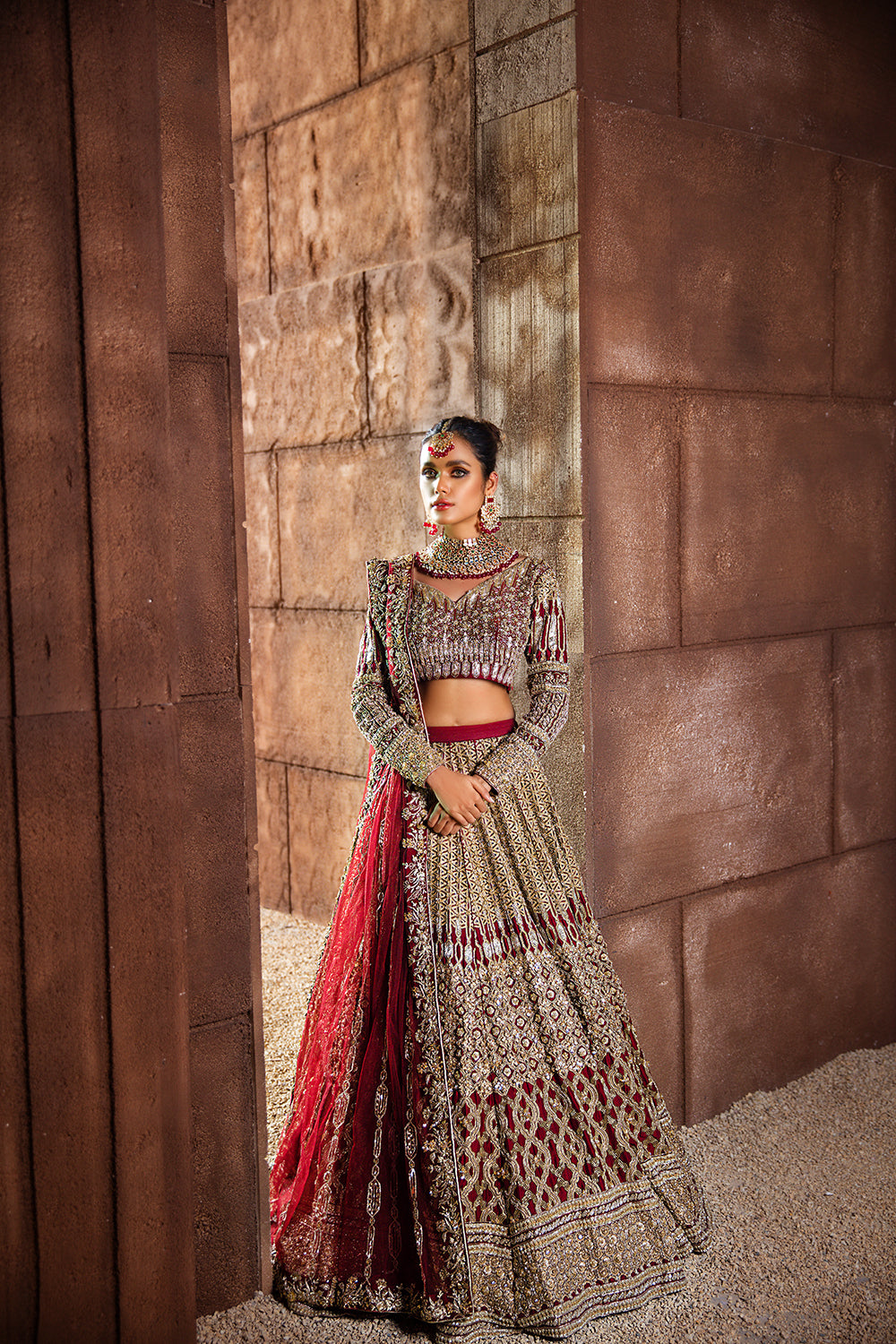 Red Embroidered Raw Silk Lehenga Choli (3-Piece) - Image 3