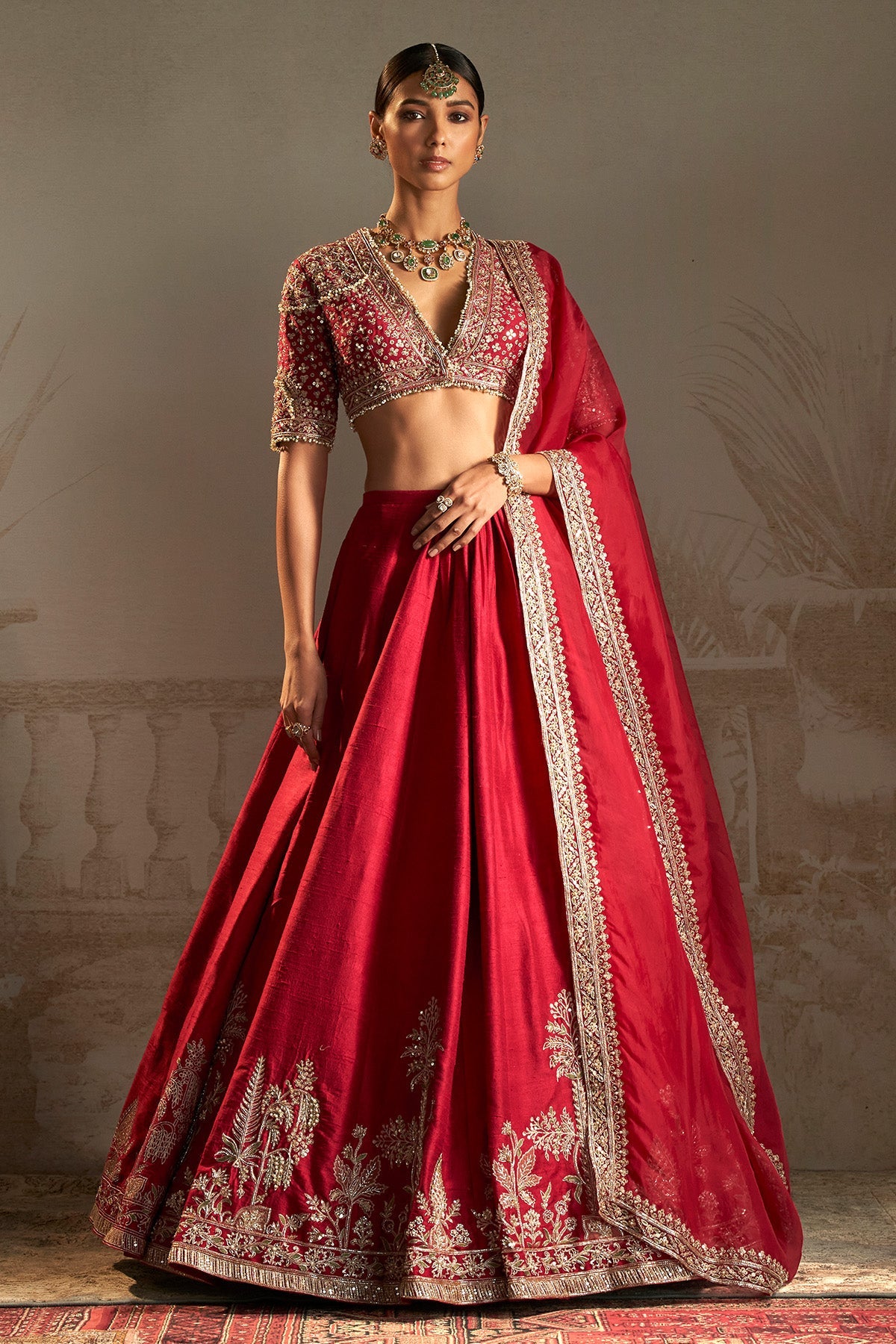 Indian Red Embroidered Raw Silk Lehenga Set (3-Piece) - Image 1