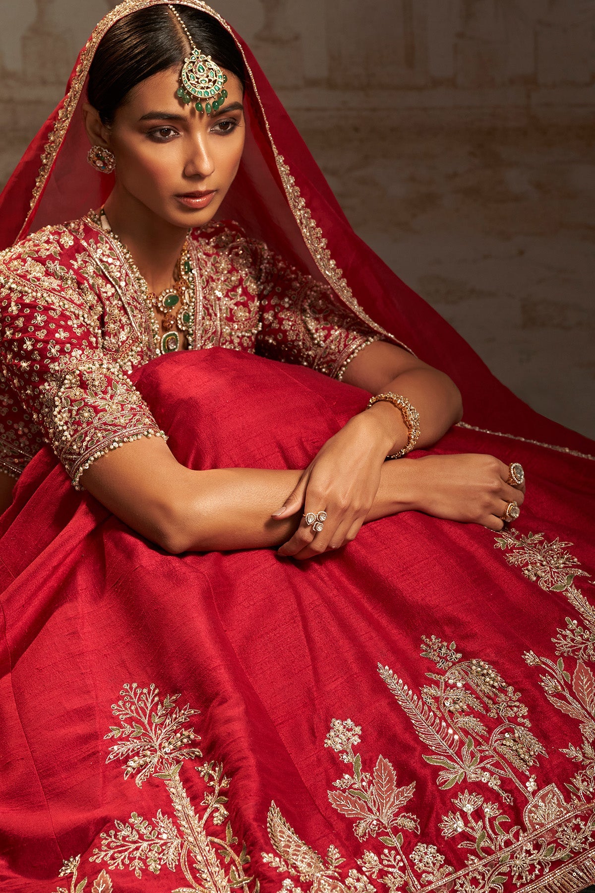 Indian Red Embroidered Raw Silk Lehenga Set (3-Piece) - Image 2