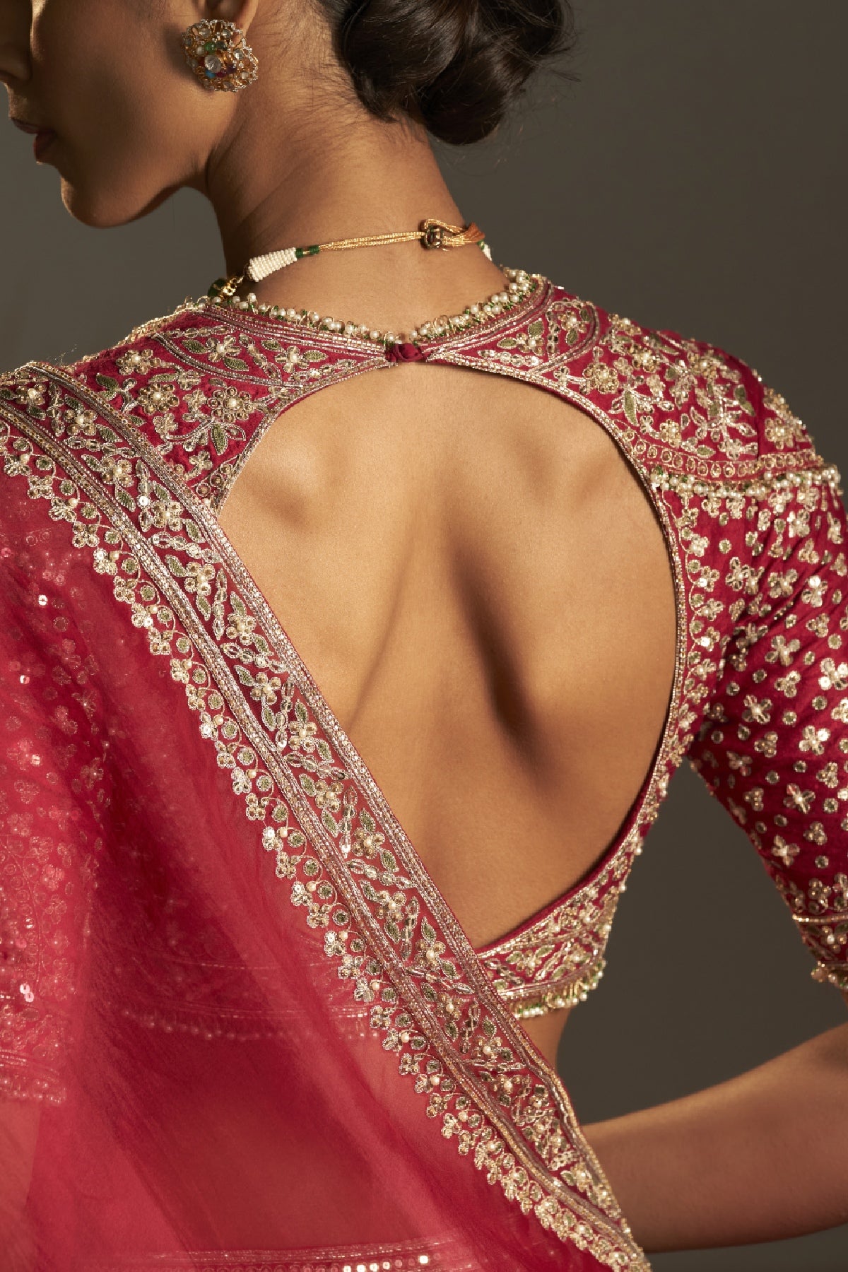 Indian Red Embroidered Raw Silk Lehenga Set (3-Piece) - Image 3