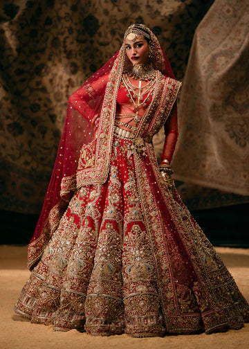 Ruby Red Embellished Raw Silk Lehenga Choli (3-Piece) - Image 1
