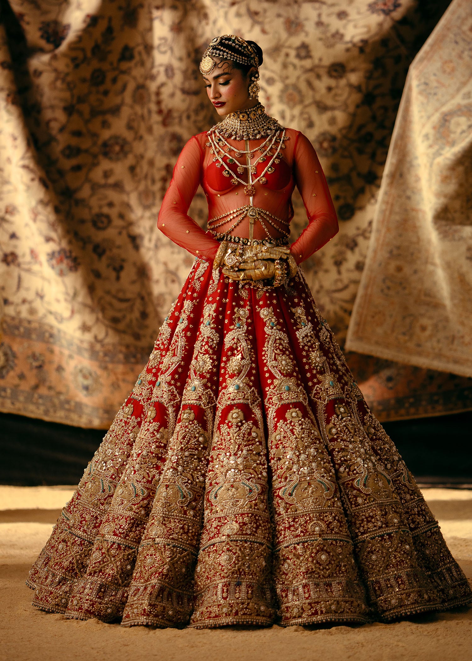 Ruby Red Embellished Raw Silk Lehenga Choli (3-Piece) - Image 3