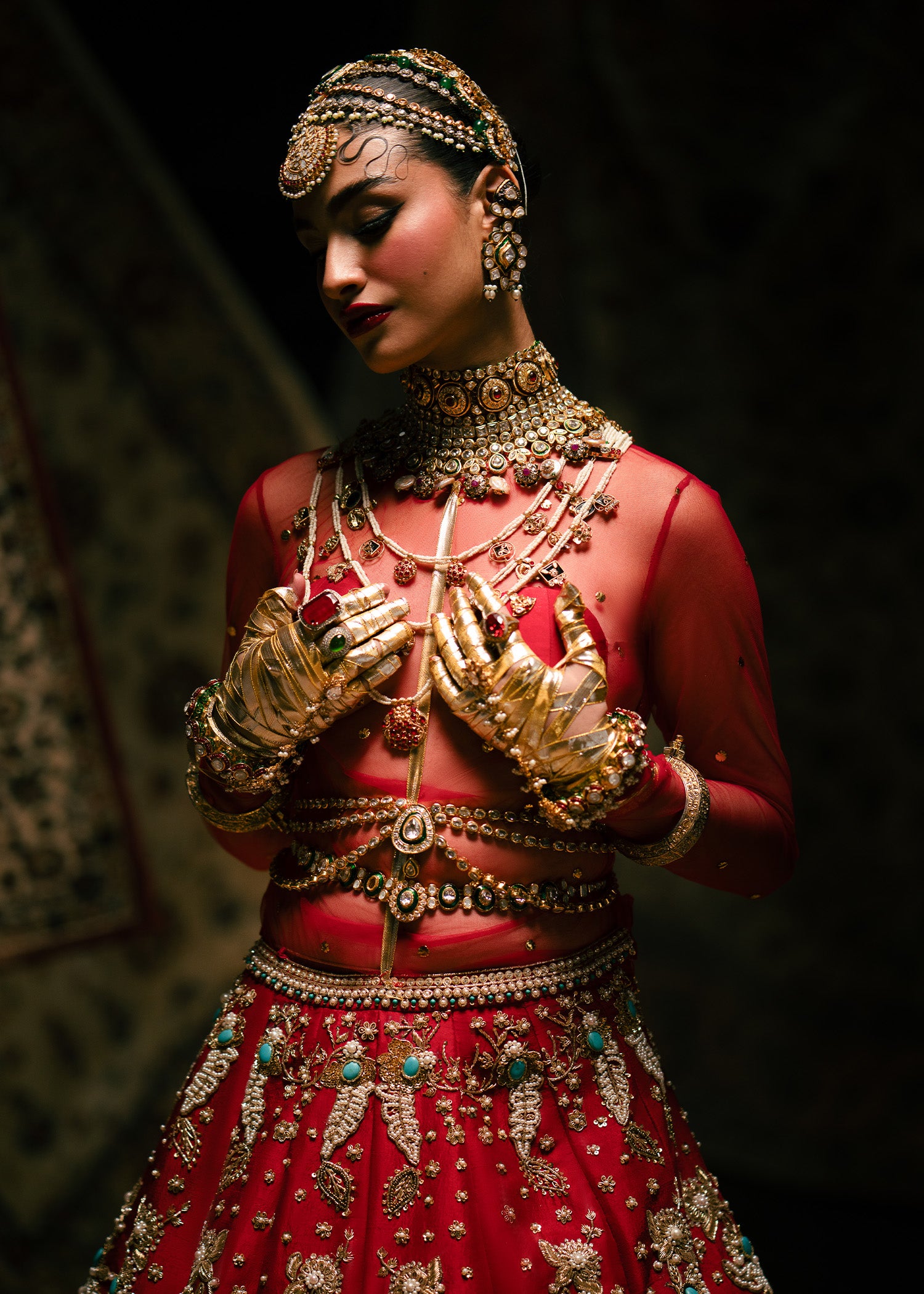 Ruby Red Embellished Raw Silk Lehenga Choli (3-Piece) - Image 6