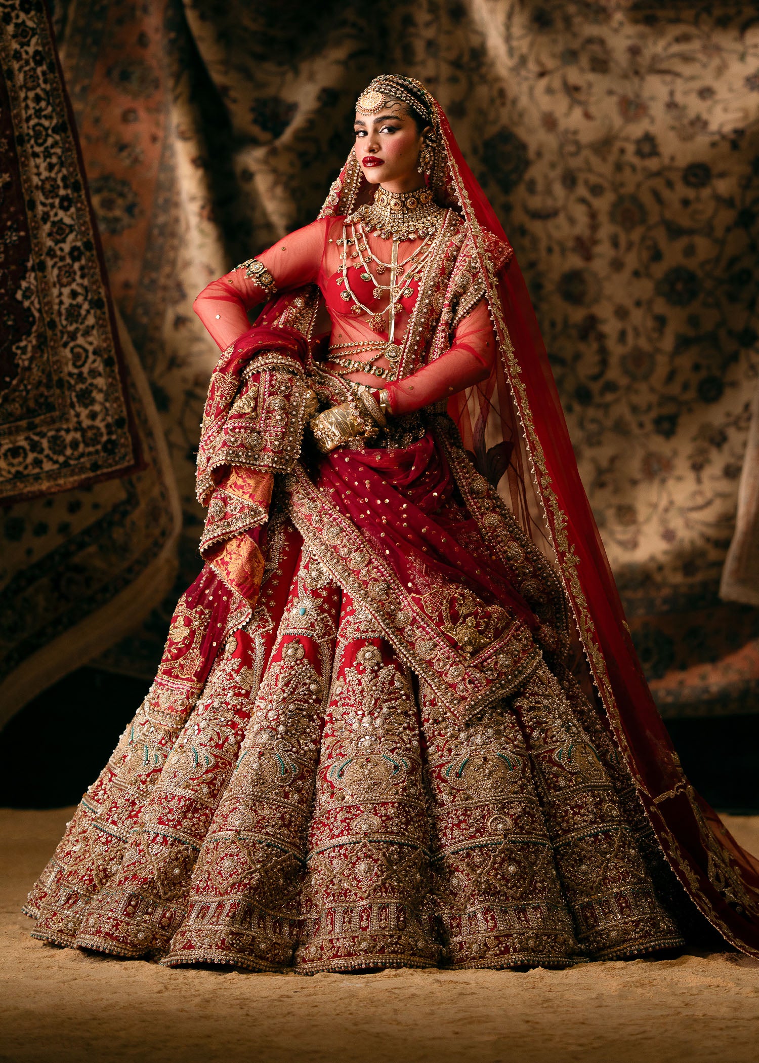 Ruby Red Embellished Raw Silk Lehenga Choli (3-Piece) - Image 9