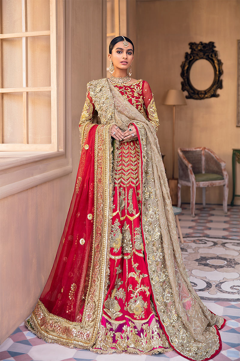 Red Embroidered Raw Silk Lehenga (3-Piece) - Image 1