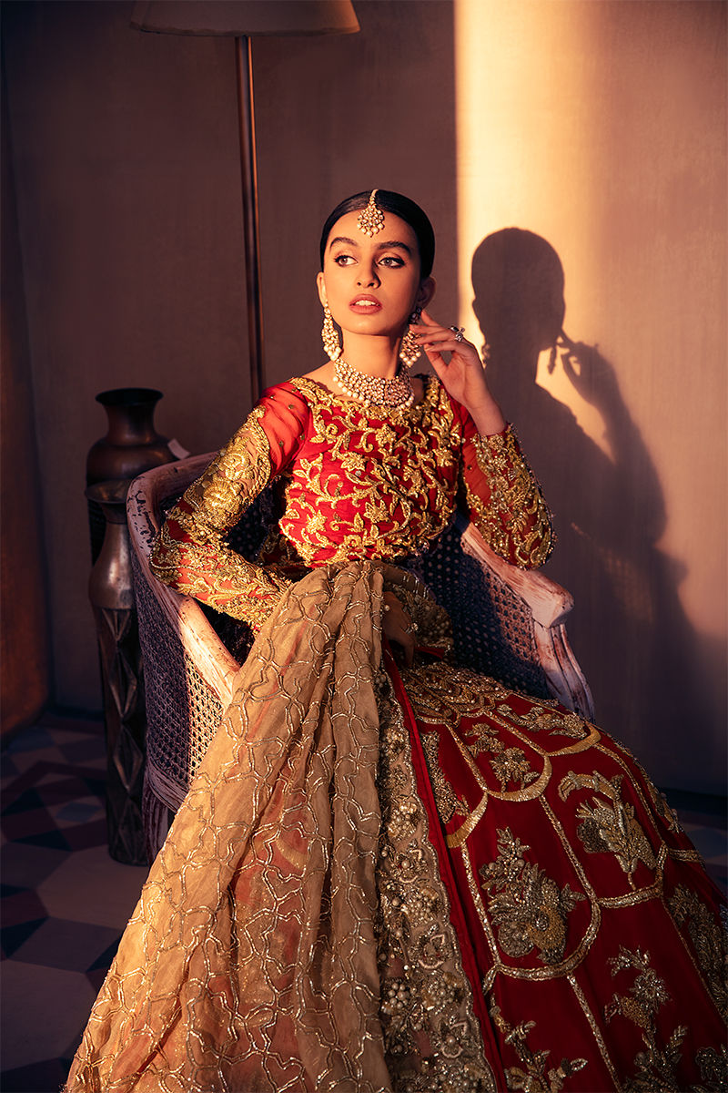 Red Embroidered Raw Silk Lehenga (3-Piece) - Image 2