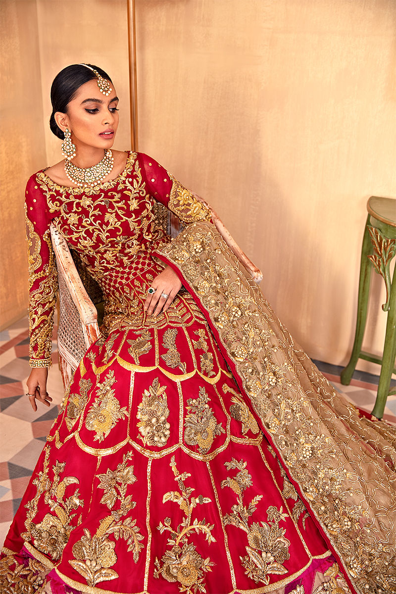 Red Embroidered Raw Silk Lehenga (3-Piece) - Image 3