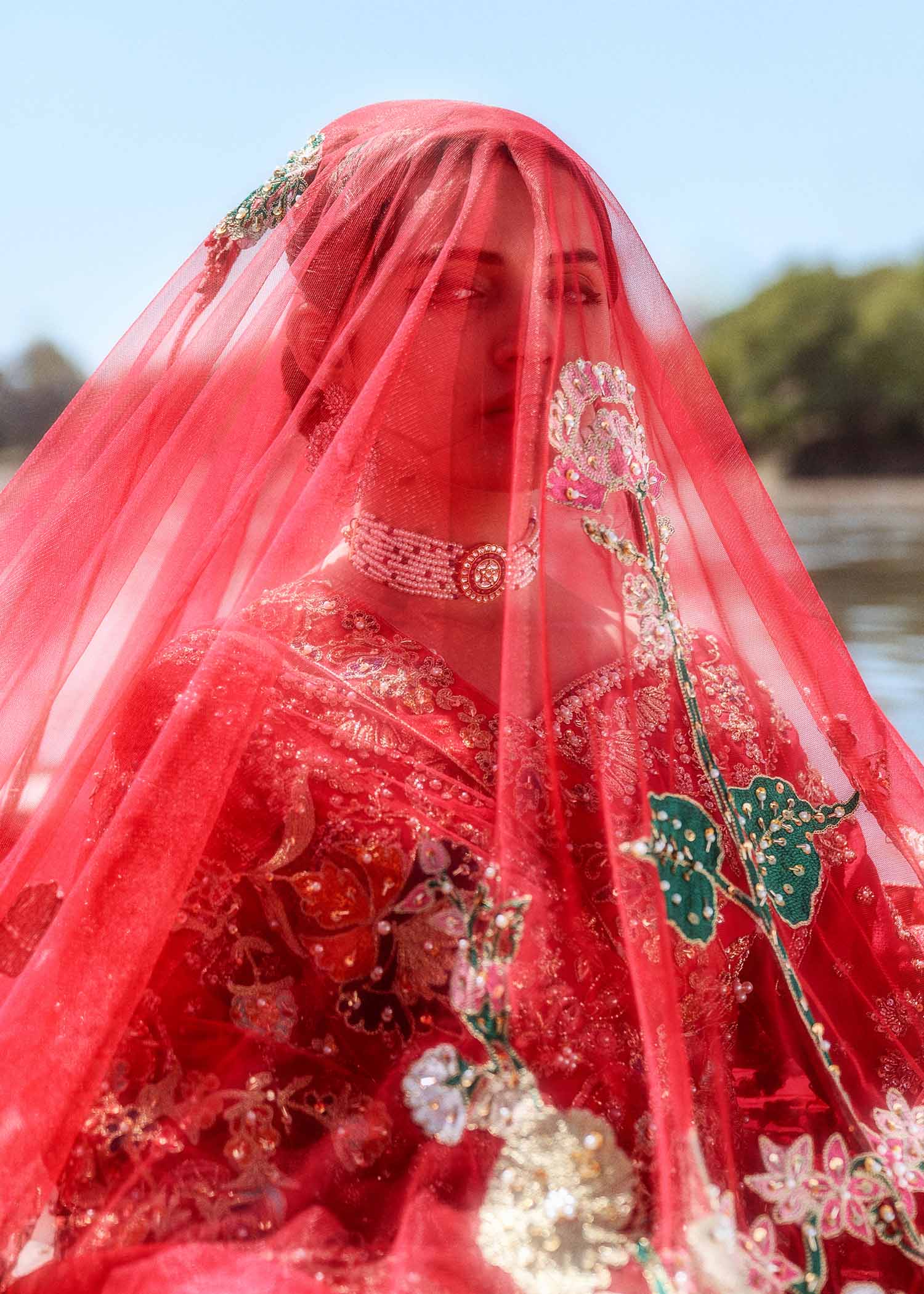 Ruby Red Embroidered Raw Silk Lehenga Choli (3-Piece) - Image 3