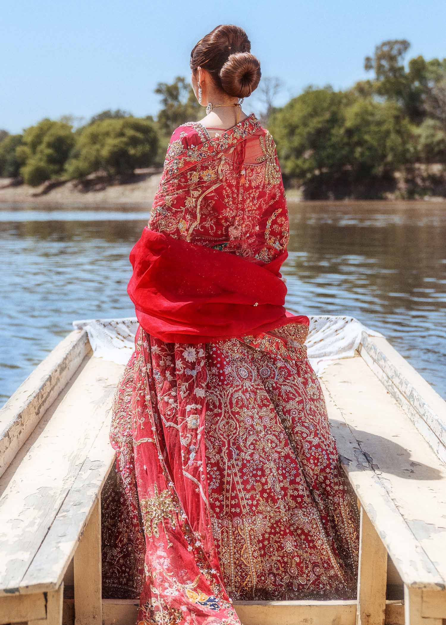 Ruby Red Embroidered Raw Silk Lehenga Choli (3-Piece) - Image 5