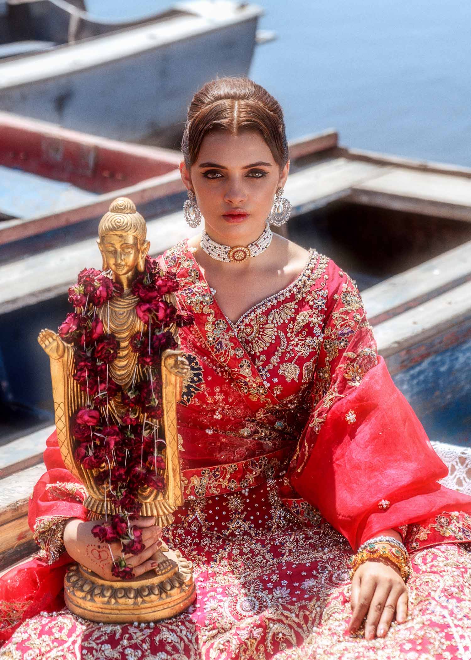 Ruby Red Embroidered Raw Silk Lehenga Choli (3-Piece) - Image 6