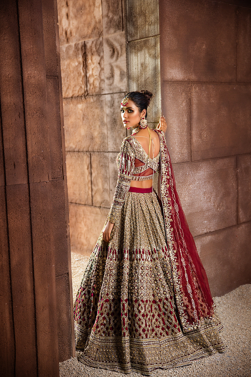 Pakistani Red Embroidered Raw Silk Lehenga Choli (3-Piece) - Image 2